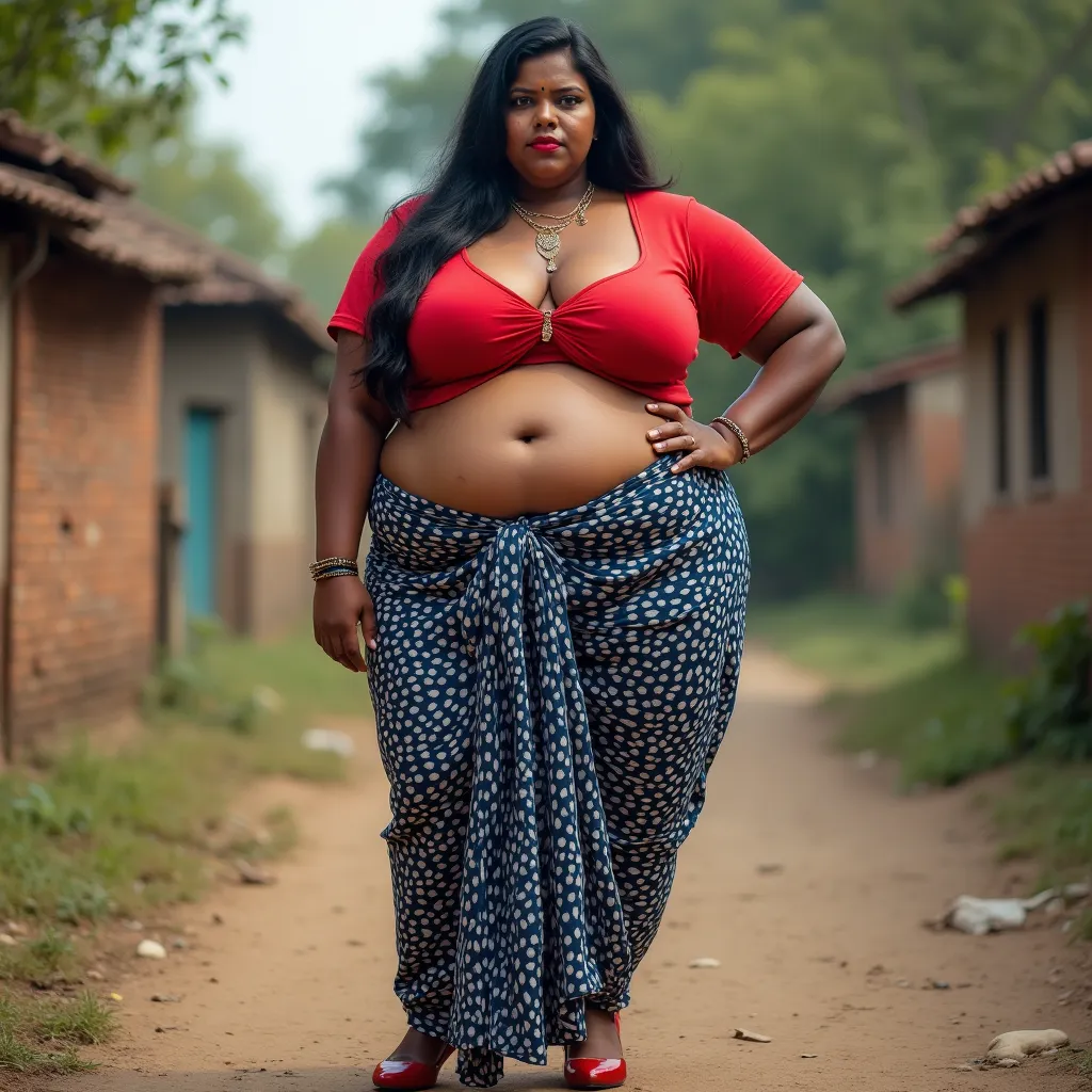 Indian extreme XXL plus size chubby fat busty dark skinned wide woman with dusty face with large breast and large fat curvey figure and wide shoulder and long hair and wearing red deep neck tight fitting blouse with displaying cleavage and display navel an...