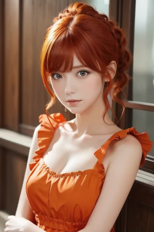 ( embarrassing), Red Hair,  orange hair, WeriArt style,  1 girl, ,  upper body, Highly detailed eyes, employment, clavicle, ruffle dress,  