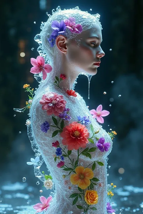 An ethereal human figure covered in vibrant, colorful flowers frozen in translucent ice-like gel. The flowers are detailed, with visible petals and textures, ranging from roses, lilies, and orchids to wildflowers, in shades of red, purple, blue, and yellow...