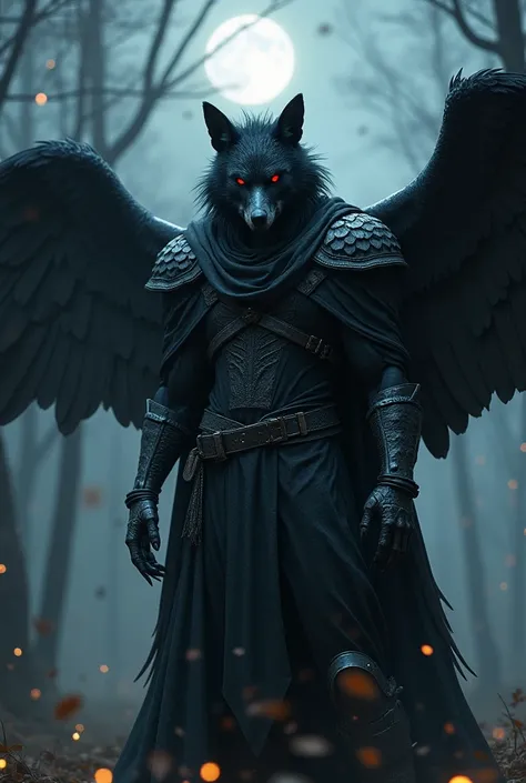 “A dark and mysterious humanoid warrior, a hybrid of a wolf and a raven, standing under the moonlight. He has piercing red and black eyes, black-and-silver fur, and large crow-like wings. He wears a dark hooded cloak with feather patterns, tight leather ar...