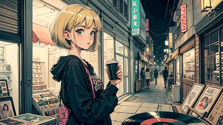 1 person,   blonde short hair ,   80s anime style,  holding a coffee cup in hand, Retro,  LoFi, night view, Records lined up,Stylish lighting,Close-up of a woman&#39;s face, staring into the distance ,Distant View