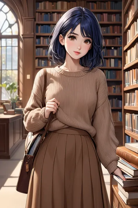 (masterpiece, best quality, 8k, high definition), whole body, 1 woman, medium-length dark blue hair, mid-chest, brown eyes, soft lips, beautiful face, wearing a brown sweater and long skirt, natural light, detailed background, Detailed Illustration Art, sh...