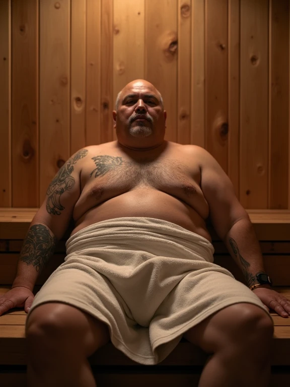 A middle-aged, chubby ,bald  Asian man with black tatoos sitting in a traditional wooden sauna. He is wrapped in a towel around his waist, leaning back against the wooden bench with a relaxed posture.Two handsome guy are on both side. His arms are resting ...