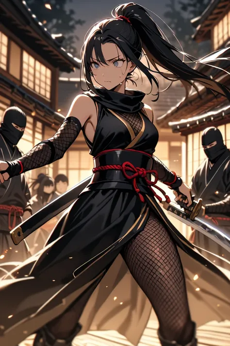  Kunoichi, ninja, holding a short sword in her hand, black hair, ponytail hair, ninja outfit with fishnet waistband, black ninja outfit, Mesh net chest,fishnet pantyhose, A tense and dramatic nighttime battle scene at the garden of wooden Japanese house. A...