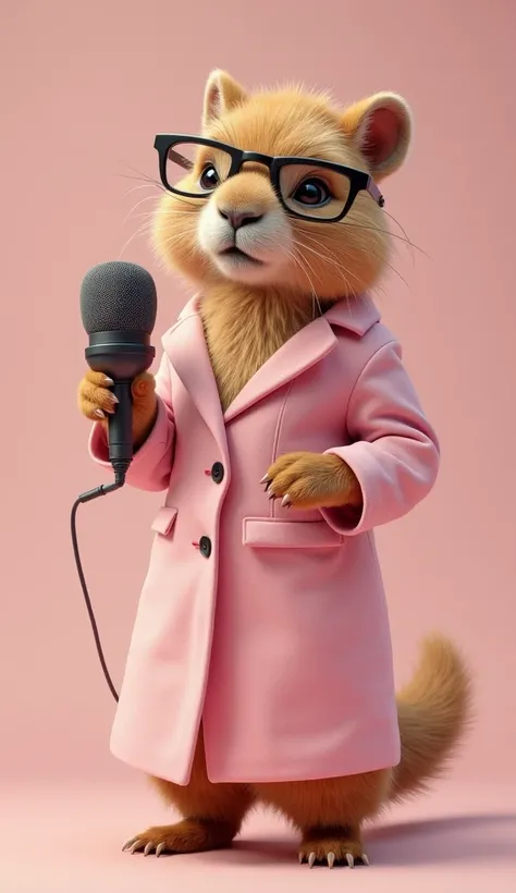  Create an image of a female capybara holding a large microphone and fully dressed in a light pink outfit, What profession is being a reporter . She is disheveled,  wears glasses and thinks she's sexy .