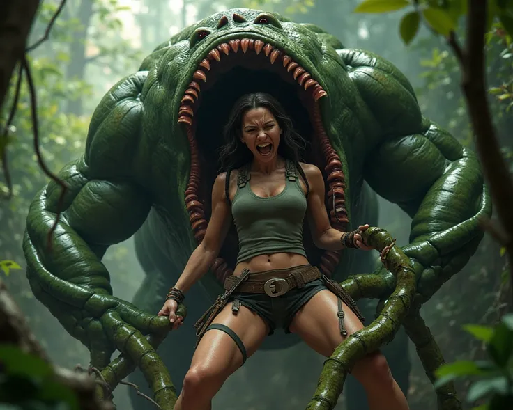  Lara Croft is being eaten by giant plants。
 she is screaming in so much pain。
She has wide open thighs。
Plants are slurping Lala Croft 。
Live action style
crying and asking for help 