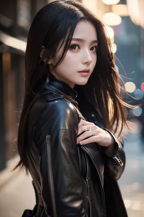 Knee-high boots、  face close-up、
Huge 、long brown hair、Shiny, Oily skin、    glowing skin  、  white skin、Flying debris,   best quality  , Realistic,   very detailed  , finely,  Kampala  ,   8K Dende Wallpaper , Beautiful woman,, Light Brown,  unkempt hair, ...