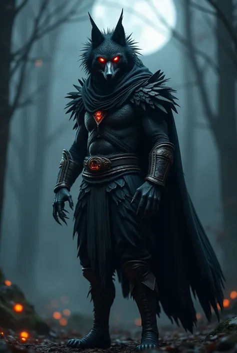 “A dark and mysterious humanoid warrior, a hybrid of a wolf and a raven, standing under the moonlight. He has piercing red and black eyes, black-and-silver fur, and sharp metal claws. He wears a dark hooded cloak with feather patterns, tight leather armor,...