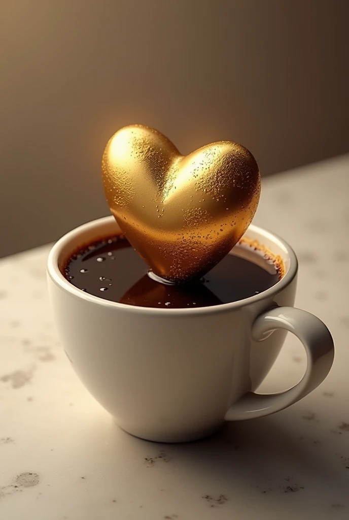 Realistic cup of aromatic coffee with golden heart symbol popping out of it