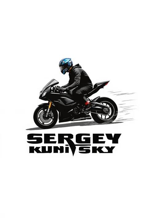 Logo with a man in helmet  on motorcycle and lettering "Sergey Kunitsky" 