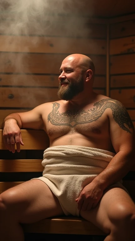 A middle-aged, chubby ,bald ,black dragon tatoos man sitting in a traditional wooden sauna. He is wrapped in a towel around his waist, leaning back against the wooden bench with a relaxed posture. His arms are resting on the backrest, and his face looks pe...