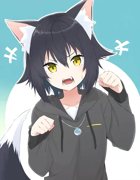 solo,original,fox ears,paw pose,open mouth,angry,teeth, 