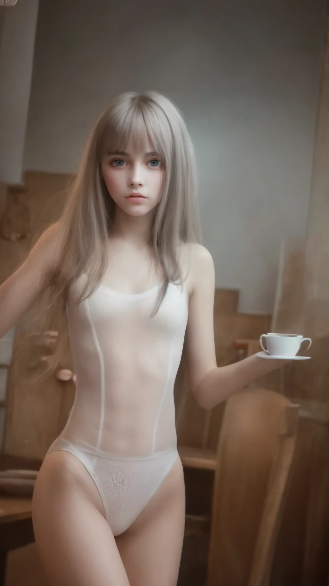  high quality、 beautiful girl、 Innocent Face 、My gaze is looking here、 leotard、 tea time、