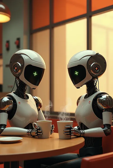  Two humanoid robots drinking coffee in a coffee shop. 1920s modernist style . 2d.  Retro-futurism.  relaxed atmosphere . 