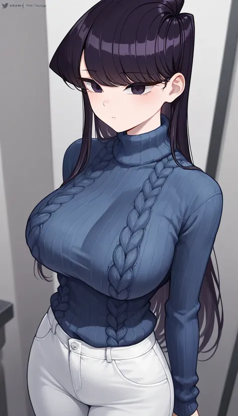 masterpiece,best quality,newest,absurdres,highres,komi_shouko,1girl, black eyes, purple eyes, long hair, black hair, large breasts, Navy blue knitted high neck sweater, The fabric is thin, Ultra-thin knit, white pants