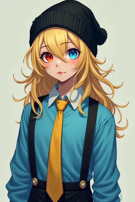 Blonde hair is long ,  wavy and wears a black winter hat ,  his right eye is red and his left eye is blue ,  his clothes are a long-sleeved sky blue t-shirt with a yellow tie and black shorts