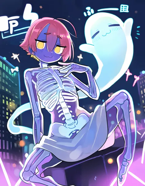 1girl, (monster girl, ghost girl), (see-through body, ghost body, ghost skin, transparent skin, transparent body:1.2), (purple skin, glowing, no pupils), transparent clothes, skeleton, bone, ribs, spine, pink hair, very short hair, hair between eyes, BREAK...