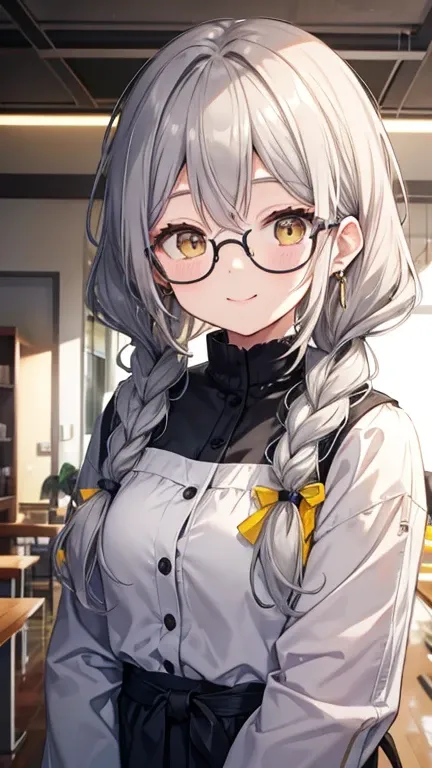  one woman、 long gray hair、Yellow、 braids、 pigtails、Glasses、Earrings、smile、indoor、Light、From the left