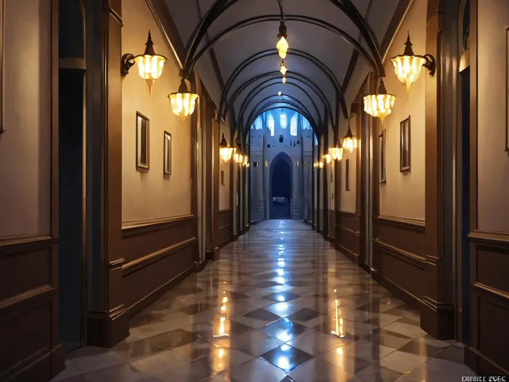 castle,My parents,afternoon,corridor, top quality,masterpiece,Old-fashioned hall,marble floor,glowing chandeliers,Desolate space 
