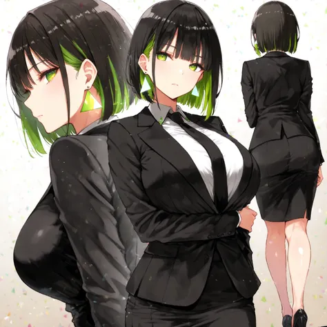 masterpiece, (((( best quality )))),character profilele,shiny skin, wearing a black suit,skirt suit, black tie , dark hair, short bob hair,The inner color of the hair is green, green eyes,isosceles triangle earrings,big breasts