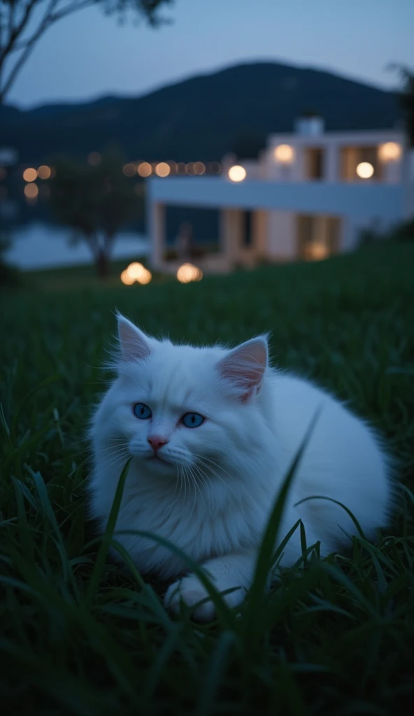 Make a picture of a kitten, British long hair, blue eyes, white kitten, lake, night, dim lights, on the meadow of the Italian minimalist house, small kitten,