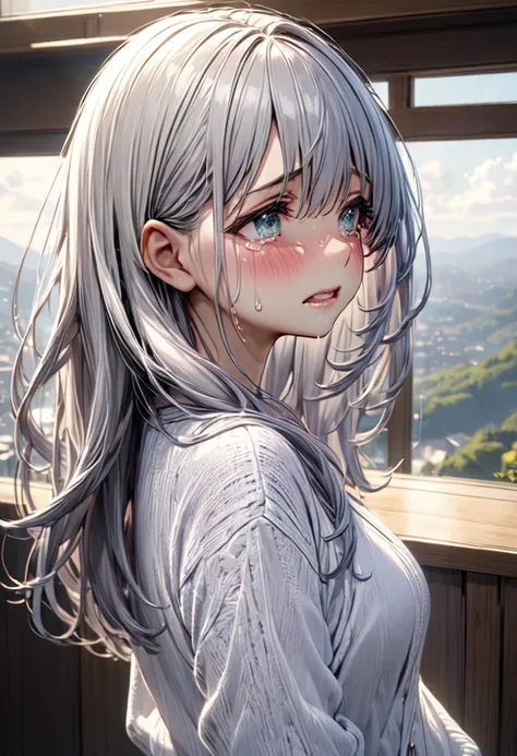 美しい Silver Hairの女性のプロフィール , ((Look to the right, And there's no place to stop , 大粒のtearsがあふれて止まらない , tears)) ,   Masterpiece,  high detail,  very detailed,  long hair,  Silver Hair,  Shiny Hair,
profile、感動のtears