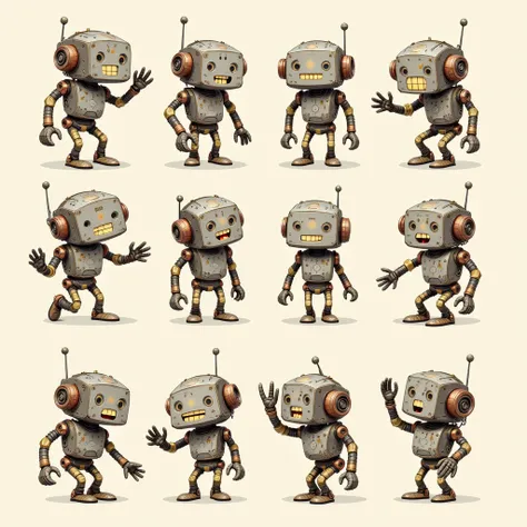  illustration 、A small steampunk antique robot that is bouncing、 simple background、It's the same robot々 Poses 、10 patterns