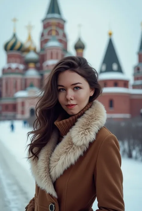 Beautiful white Russian woman 。,  brunette , and blue eyes. She is dressed stylishly for the winter 。,  Traditional Russian architecture against a snowy landscape