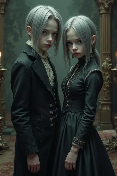 2 twin s , A boy and a ,  they are creepy ,  their gray hair and they wear aristocratic clothes