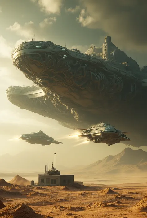 Alien giger Starcruiser and interstellar battle cruiser flying 25ft above the gigantic 770,000ft flying alien mothership approaching alien military outpost base desert landing strip 