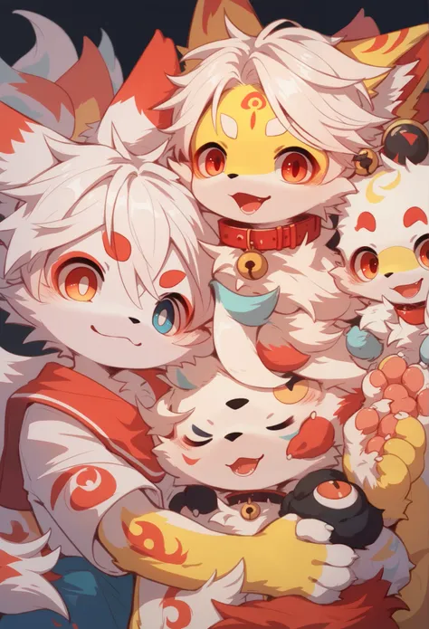  Fox Boy ， Furry Boy， toddlers， white hair ，Nine Tails， yellow skin，Intang Red Dot ，Red collar ，