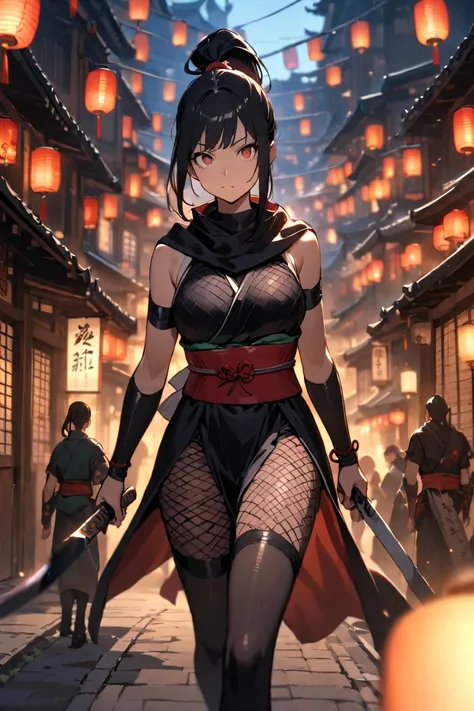  Kunoichi, ninja, holding a short sword in her hand, black hair, ponytail hair, ninja outfit with fishnet waistband, black ninja outfit, Mesh net chest,fishnet pantyhose, A swift and agile kunoichi with a sleek black ponytail, dressed in a dark, form-fitti...