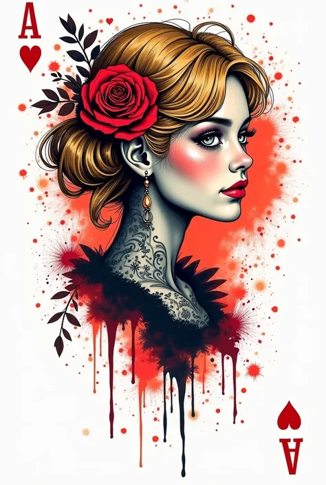 Create a logo for a tattoo and piercing artist in form from a playcard, blonde woman, from Vienna. The name is “Blond.sticht” in German . inkblot ,  dripping paint, ornaments, white background, playcard,