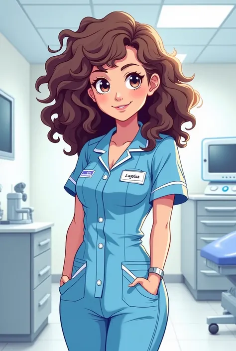 Anime cartoon curly woman nurse . Your clothes have Layla written on your pocket 