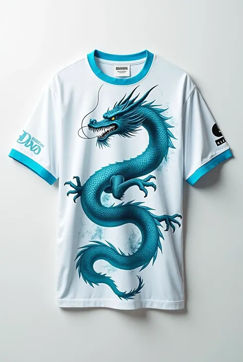 A white shirt with aqua-blue details featuring the figure of a dragon