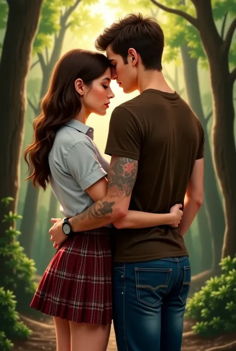 Create woman,  white shirt,  short plaid skirt , Holding hands with a man in a brown t-shirt, TATTOOED ARM ,  blue jeans, The two with their backs to trees 