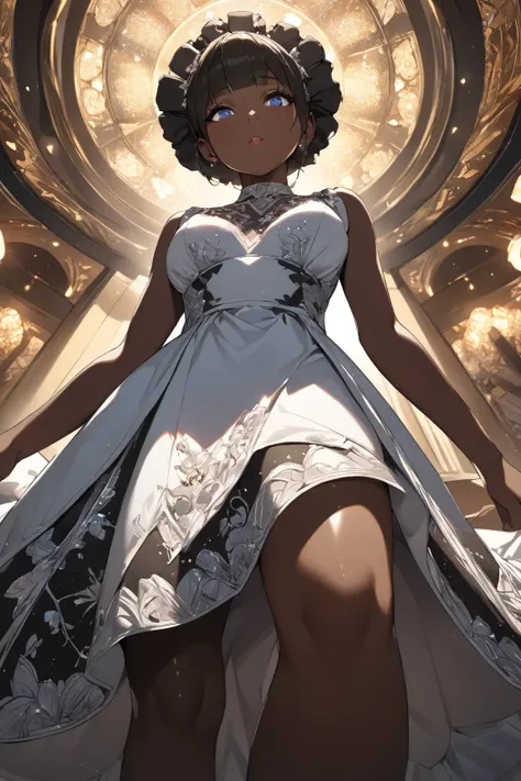 (masterpiece, best quality, extremely detailed, absurdres, very aesthetic), (black girl\super detailed skin, detailed beautiful face and eyes)dress, (highly detailed background, lighting), from below, dutch angle