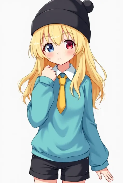 Teen anime girl, Blonde hair is long ,  wavy and wears a black winter hat ,  his right eye is red and his left eye is blue ,  his clothes are a long-sleeved sky blue t-shirt with a yellow tie and black shorts