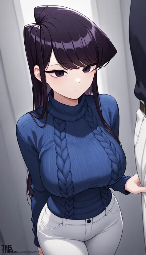 masterpiece,best quality,newest,absurdres,highres,komi_shouko,1girl, black eyes, purple eyes, long hair, black hair, large breasts, Navy blue knitted high neck sweater, The fabric is thin, Ultra-thin knit, white pants