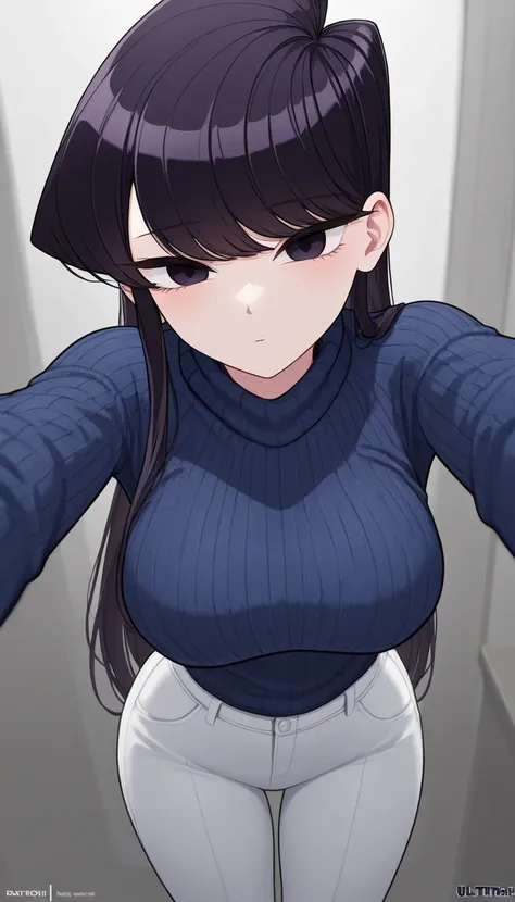 masterpiece,best quality,newest,absurdres,highres,komi_shouko,1girl, black eyes, purple eyes, long hair, black hair, large breasts, Navy blue knitted high neck sweater, The fabric is thin, Ultra-thin knit, white pants