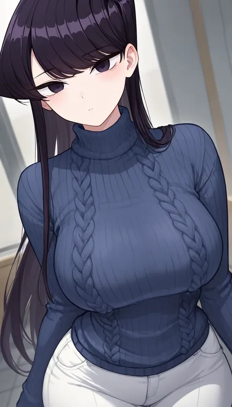 masterpiece,best quality,newest,absurdres,highres,komi_shouko,1girl, black eyes, purple eyes, long hair, black hair, large breasts, Navy blue knitted high neck sweater, The fabric is thin, Ultra-thin knit, white pants