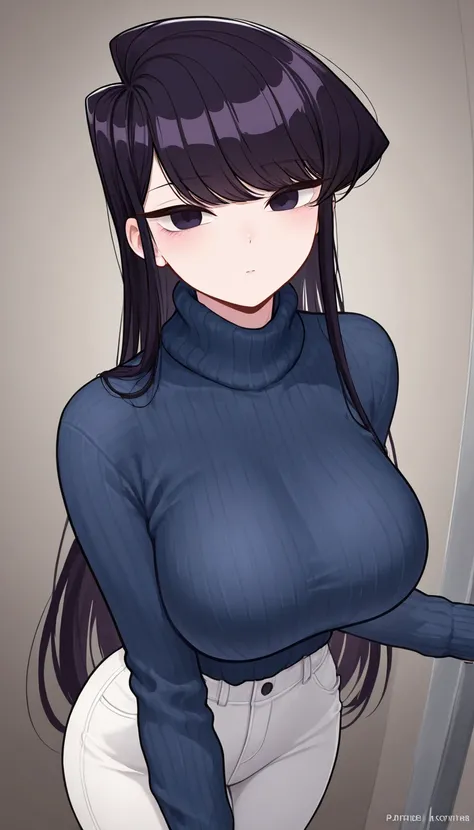 masterpiece,best quality,newest,absurdres,highres,komi_shouko,1girl, black eyes, purple eyes, long hair, black hair, large breasts, Navy blue knitted high neck sweater, The fabric is thin, Ultra-thin knit, white pants