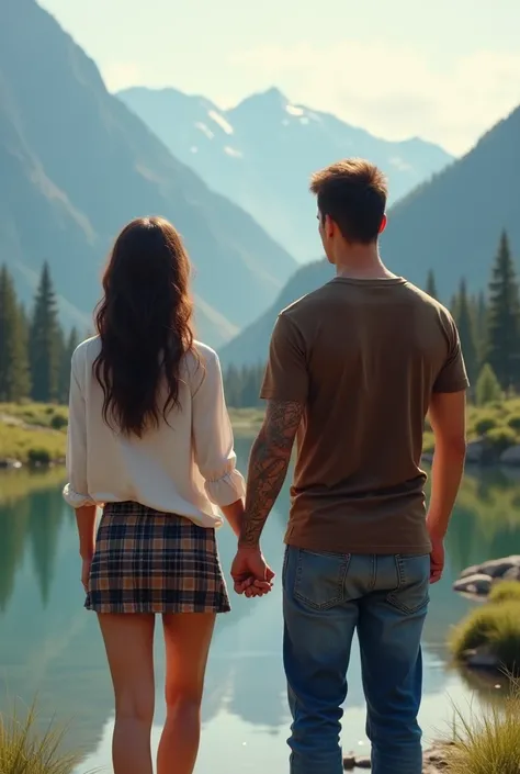 Create woman,  white shirt,  short plaid skirt ,  holding hands with a man in a brown t-shirt, TATTOOED ARM ,  blue jeans, The two with their backs to mountains and river