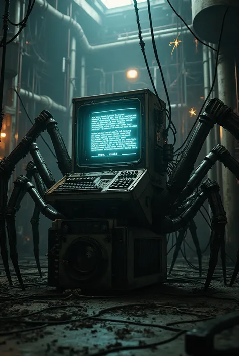 Crazy computer,  spider legs , Terrifying messages, electric cables