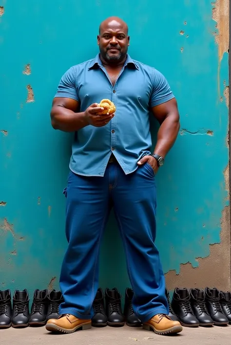 49-year-old muscular bald black man wearing a blue shirt and blue pants with a boot holding a coxinha from a favela Brasil restaurant blue wall of black sneakers 