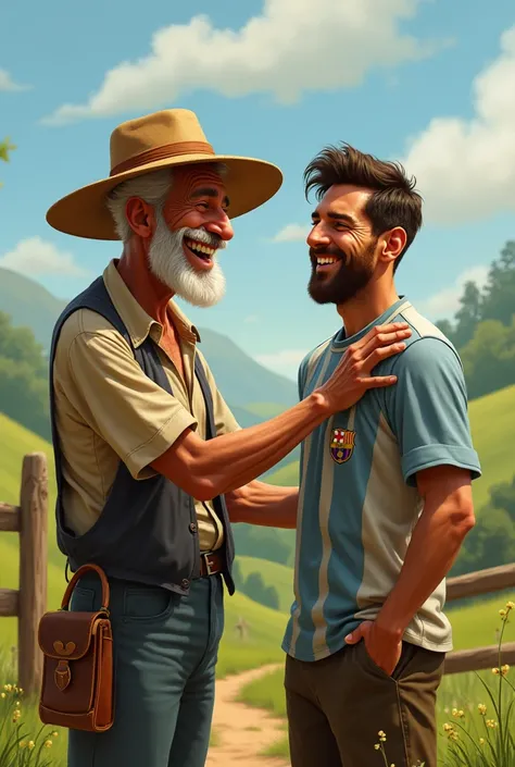 An Old Farmer Laughs – A wise old farmer, wearing a straw hat, laughs and pats Messi on the back, saying, "You're a king on the field, but here, we teach!" Messi smiles sheepishly