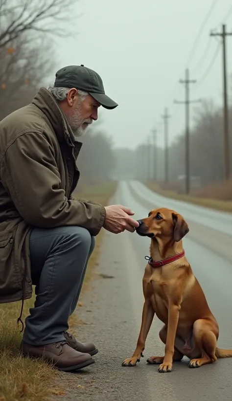 His "worn-out cap and jacket" suggest long hours on the road, fatigue, and experience. He is likely used to solitude but has a kind streak, shown by his small gesture toward the dog.
He extends his hand—not forcing but inviting—which speaks to his patience...