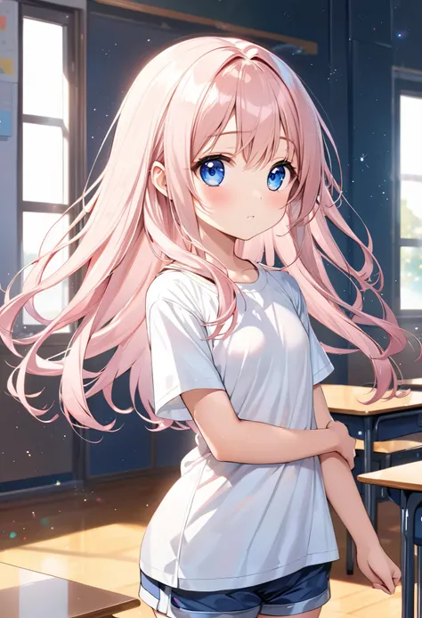 loli,Loose fit White T-shirt ,plain shirt,shorts,indoor, small breasts ,curvy, Shiny hair, light particles ,｛Elementary school students｝ ,light pink hair, 1 girl, solo, fine hair ,transparent hair, Very beautiful blue eyes, eyes like the universe ,cute gir...