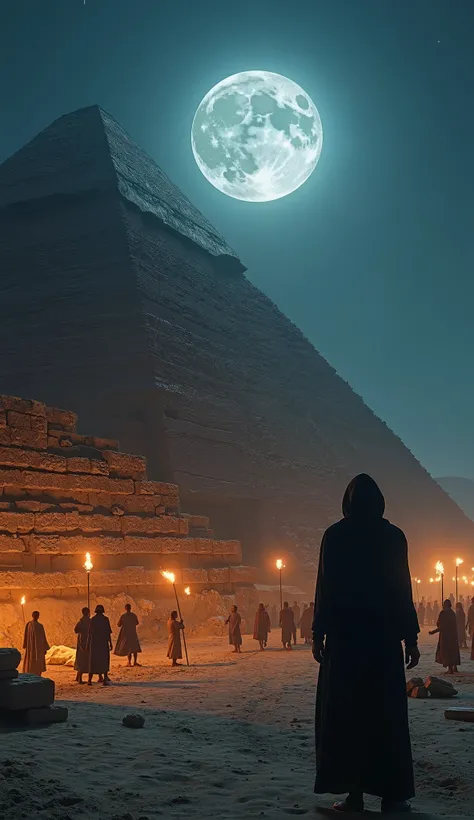 "A stunning, realistic scene set at night, with Egyptian workers building a pyramid under the eerie glow of a full moon. The desert sands shimmer under the pale blue night sky, while torches flicker with warm orange light, casting long shadows on the half-...