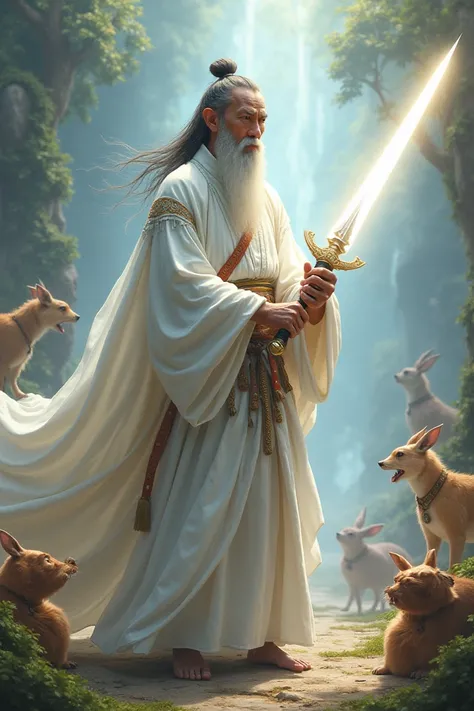 White monk warrior with sword made of light, anthropomorphic animals in background